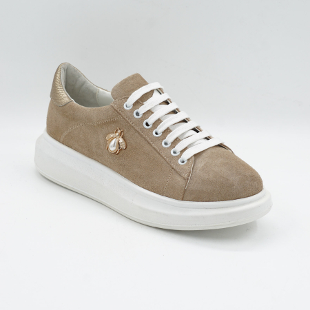 Pantofi dama tip adidas din piele naturala intoarsa bej cappucino si aurie, cu varf rotund si talpa de 3 cm 62921-26 [1]