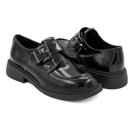 Pantofi dama casual din piele naturala lacuita neagra varf rotund si talpa de 3 cm 50626-26 [3]