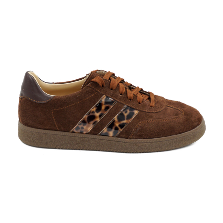 Lichidare stocuri - Pantofi dama tip adidas din piele naturala intoarsa maro ciocolata si cu imprimeu leopard, cu varf rotund si talpa de 2 cm 50326-6-26