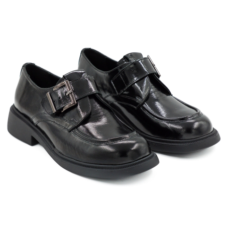 Pantofi dama casual din piele naturala lacuita neagra varf rotund si talpa de 3 cm 50626-26 [2]