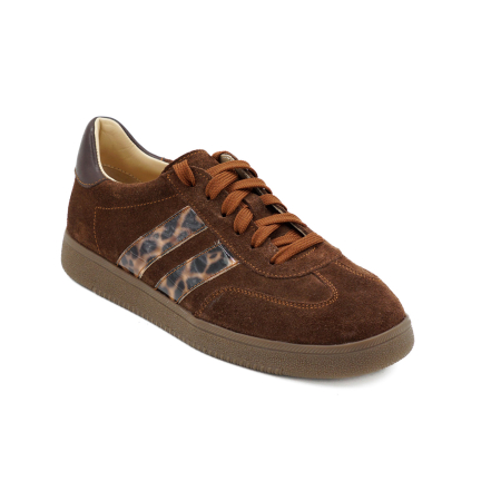 Pantofi dama tip adidas din piele naturala intoarsa maro ciocolata si cu imprimeu leopard, cu varf rotund si talpa de 2 cm 50326-6-26 [1]