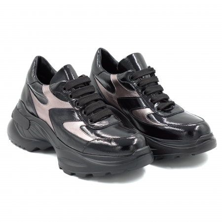 Pantofi dama tip adidas din piele naturala lacuita neagra si bronz cu varf rotund si talpa 5 cm 52521-25 [2]