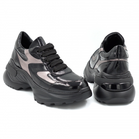 Pantofi dama tip adidas din piele naturala lacuita neagra si bronz cu varf rotund si talpa 5 cm 52521-25 [4]