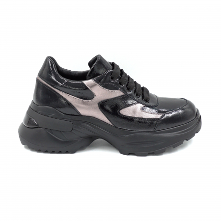Pantofi casual & sport dama - Pantofi dama tip adidas din piele naturala lacuita neagra si bronz cu varf rotund si talpa 5 cm 52521-25