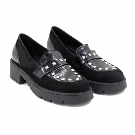 Pantofi dama casual loafers din piele naturala lacuita si intoarsa neagra cu tinte metalice, cu varf rotund si talpa 3 cm 60220-25 [2]