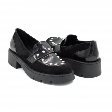 Pantofi dama casual loafers din piele naturala lacuita si intoarsa neagra cu tinte metalice, cu varf rotund si talpa 3 cm 60220-25 [3]