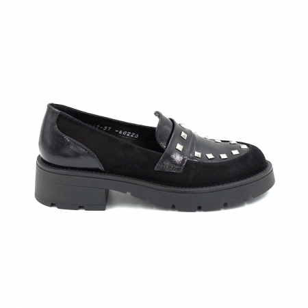 Pantofi casual & sport dama - Pantofi dama casual loafers din piele naturala lacuita si intoarsa neagra cu tinte metalice, cu varf rotund si talpa 3 cm 60220-25