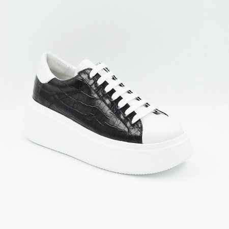 Pantofi dama tip adidas din piele naturala alba si neagra cu imprimeu croco cu varf rotund si talpa de 4 cm 64421-25 [1]