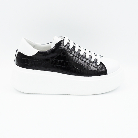 Pantofi casual & sport dama - Pantofi dama tip adidas din piele naturala alba si neagra cu imprimeu croco cu varf rotund si talpa de 4 cm 64421-25