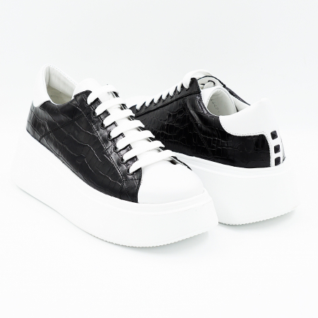 Pantofi dama tip adidas din piele naturala alba si neagra cu imprimeu croco cu varf rotund si talpa de 4 cm 64421-25 [3]