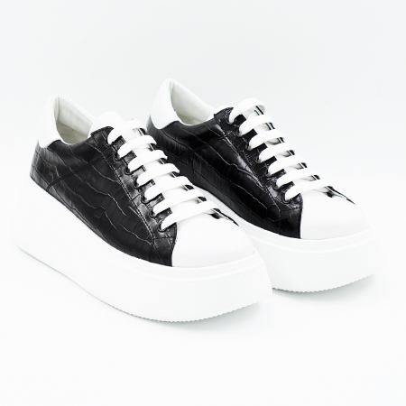 Pantofi dama tip adidas din piele naturala alba si neagra cu imprimeu croco cu varf rotund si talpa de 4 cm 64421-25 [2]
