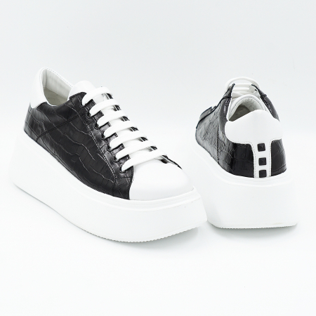 Pantofi dama tip adidas din piele naturala alba si neagra cu imprimeu croco cu varf rotund si talpa de 4 cm 64421-25 [4]