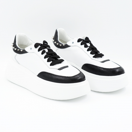 Pantofi dama tip adidas din piele naturala alba si neagra cu tinte metalice, varf rotund si talpa de 4 cm 53224-25 [2]