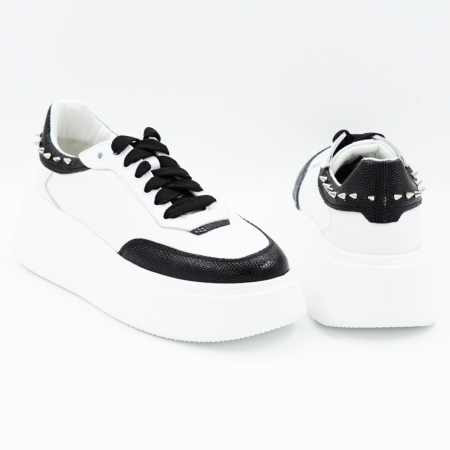 Pantofi dama tip adidas din piele naturala alba si neagra cu tinte metalice, varf rotund si talpa de 4 cm 53224-25 [4]
