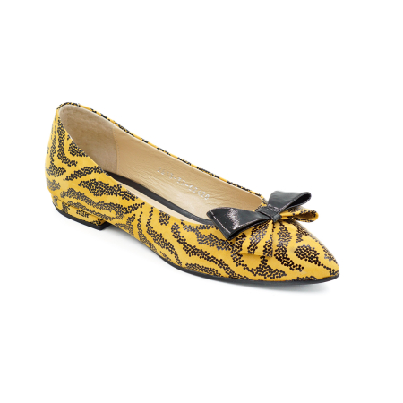 Pantofi dama tip balerini din piele naturala galben mustar cu imprimeu negru, cu varf ascutit stiletto si toc mic imbracat de 1 cm 62420-1-26 [1]