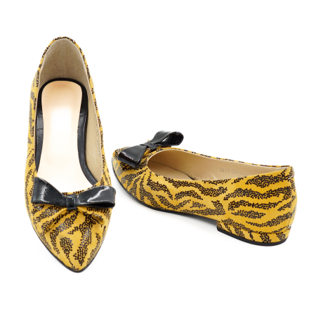 Pantofi dama tip balerini din piele naturala galben mustar cu imprimeu negru, cu varf ascutit stiletto si toc mic imbracat de 1 cm 62420-1-26 [5]