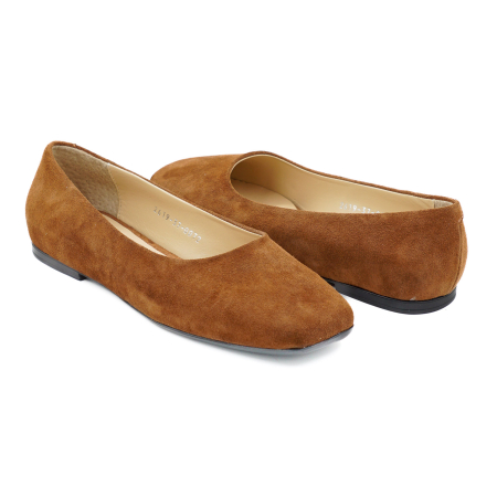 Pantofi dama tip balerini din piele naturala intoarsa maro coniac cu varf patrat si talpa de 1 cm 0072-26 [3]