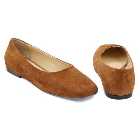 Pantofi dama tip balerini din piele naturala intoarsa maro coniac cu varf  patrat si talpa de 1 cm 0072-26 [4]