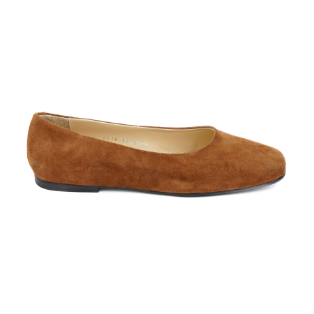Lichidare stocuri - Pantofi dama tip balerini din piele naturala intoarsa maro coniac cu varf patrat si talpa de 1 cm 0072-26