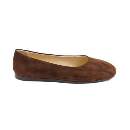 Lichidare stocuri - Pantofi dama tip balerini din piele naturala intoarsa maro ciocolata cu varf rotund si talpa de 1 cm 0023-26
