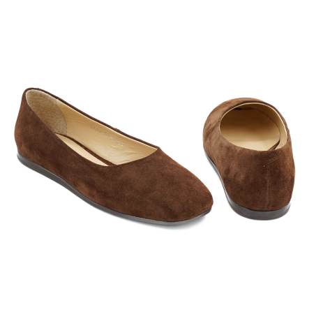 Pantofi dama tip balerini din piele naturala intoarsa maro ciocolata cu varf rotund si talpa de 1 cm 0023-26 [4]