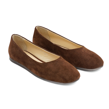 Pantofi dama tip balerini din piele naturala intoarsa maro ciocolata cu varf rotund si talpa de 1 cm 0023-26 [2]