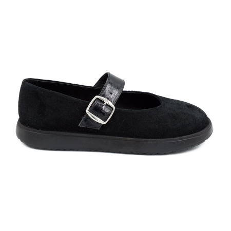 Pantofi dama - Pantofi dama tip barefoot din piele naturala intoarsa neagra si piele naturala lacuita cu varf rotund si talpa de 2 cm 54725-6-25