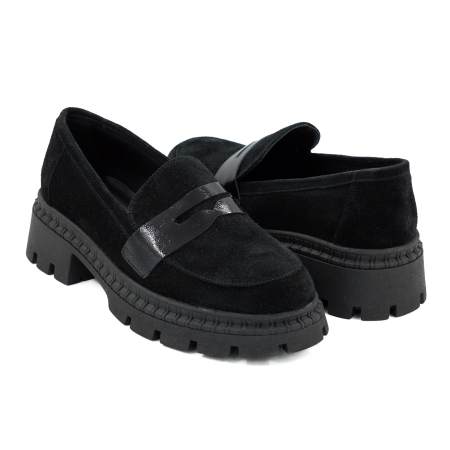 Pantofi dama tip loafers din piele naturala intoarsa si lacuita neagra cu varf rotund si talpa de 4 cm 55525-26 [3]