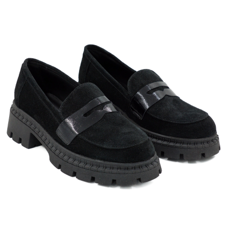 Pantofi dama tip loafers din piele naturala intoarsa si lacuita neagra cu varf rotund si talpa de 4 cm 55525-26 [2]