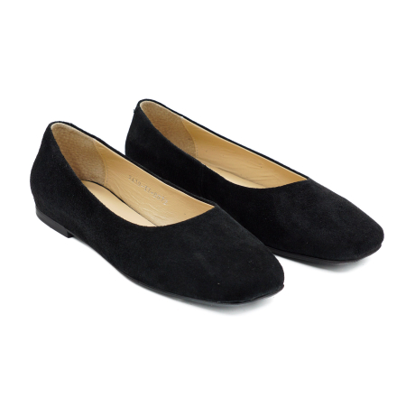 Pantofi dama tip balerini din piele naturala intoarsa neagra cu varf patrat si talpa de 1 cm 0072-2-26 [2]