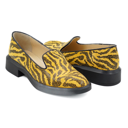 Pantofi dama tip loafers din piele naturala galbena cu imprimeu negru, cu varf rotund si talpa de 3 cm 56717-26 [3]