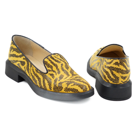 Pantofi dama tip loafers din piele naturala galbena cu imprimeu negru, cu varf rotund si talpa de 3 cm 56717-26 [4]