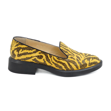 Lichidare stocuri - Pantofi dama tip loafers din piele naturala galbena cu imprimeu negru, cu varf rotund si talpa de 3 cm 56717-26