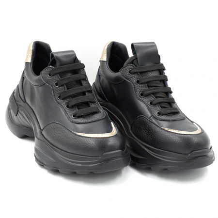 Pantofi dama tip adidas din piele naturala neagra si aurie cu varf rotund si talpa inalta 6 cm  51121-24 [2]