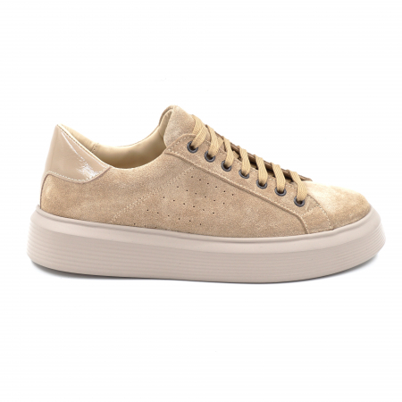 Pantofi casual & sport dama - Pantofi dama tip adidas  din piele naturala intoarsa bej cappucino si lacuita grej cu varf rotund si talpa 3 cm 51321-3-24