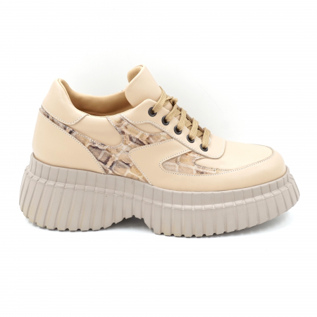 Pantofi casual & sport dama - Pantofi dama tip adidas din piele naturala nude bej si cu imprimeu animal print cu varf rotund si talpa inalta 6 cm 52521-1-24