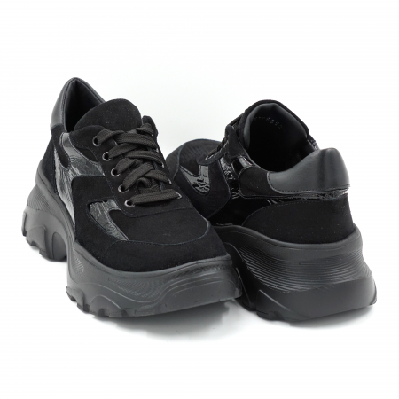 Pantofi dama tip adidas din piele naturala intoarsa si lacuita neagra cu varf rotund si talpa 4 cm 52521-3-24 [3]