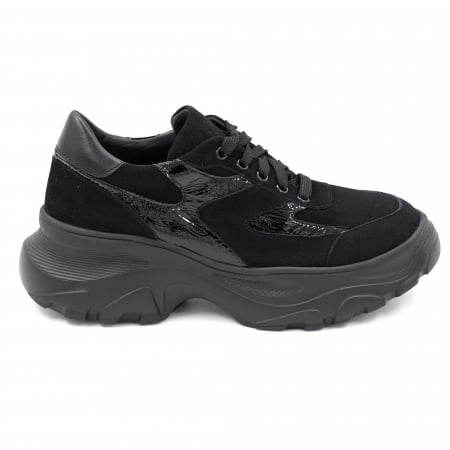 Lichidare stocuri - Pantofi dama tip adidas din piele naturala intoarsa si lacuita neagra cu varf rotund si talpa 4 cm 52521-3-24