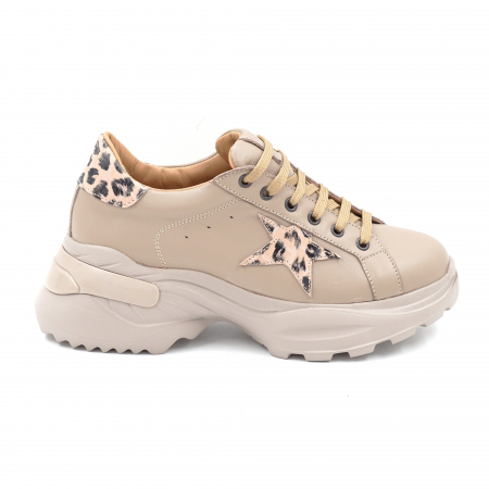 Lichidare stocuri - Pantofi dama tip adidas din piele naturala bej cu varf rotund si talpa 5 cm 54621-2-24