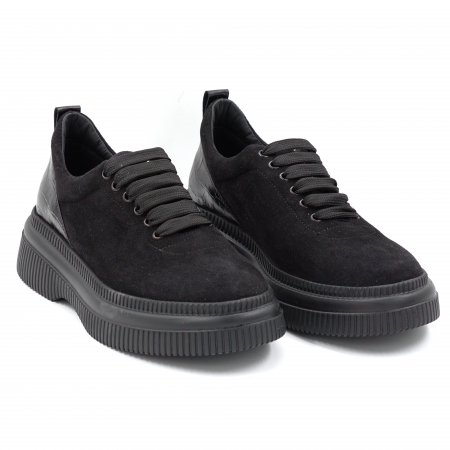 Pantofi dama casual din piele naturala intoarsa neagra cu varf rotund si talpa 4 cm  56620-2-24 [3]