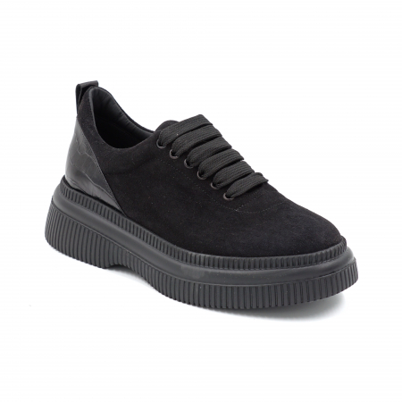 Pantofi dama casual din piele naturala intoarsa neagra cu varf rotund si talpa 4 cm  56620-2-24 [1]