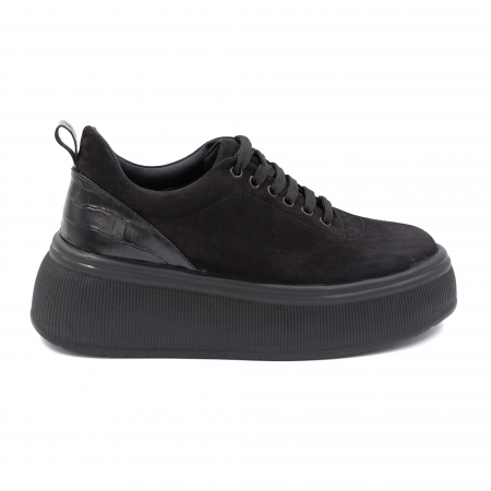 Pantofi casual & sport dama - Pantofi dama tip casual din piele naturala intoarsa neagra siimprimeu  croco mat negru cu varf rotund si talpa inalta 5 cm  56620-3-24