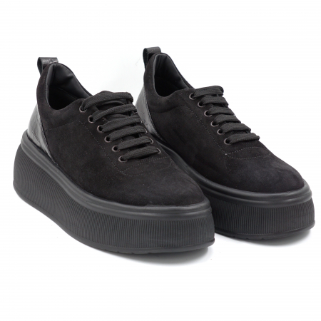 Pantofi dama tip casual din piele naturala intoarsa neagra siimprimeu  croco mat negru cu varf rotund si talpa inalta 5 cm  56620-3-24 [3]