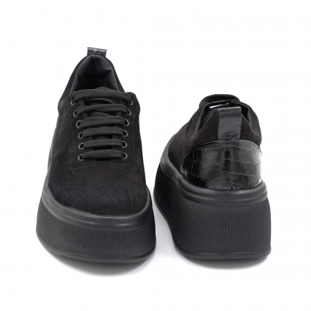 Pantofi dama tip casual din piele naturala intoarsa neagra siimprimeu  croco mat negru cu varf rotund si talpa inalta 5 cm  56620-3-24 [4]