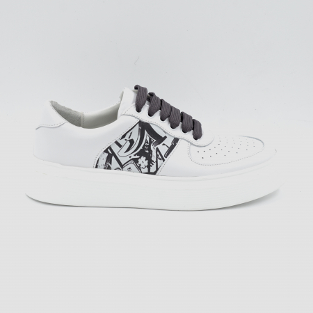 Pantofi casual & sport dama - Pantofi dama tip adidas din piele naturala alba si cu imprimeu alb-negru cu varf rotund si talpa de 4 cm 61220-1-24
