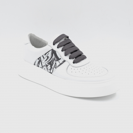 Pantofi dama tip adidas din piele naturala alba si cu imprimeu alb-negru cu varf rotund si talpa de 4 cm 61220-1-24 [1]