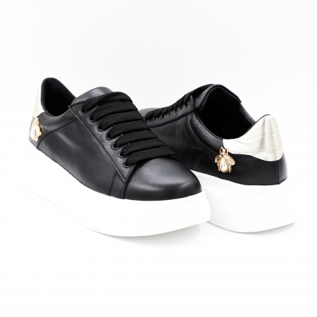 Pantofi dama tip adidas din piele naturala neagra si aurie cu varf rotund si talpa inalta de 5 cm 62821-2-24 [2]