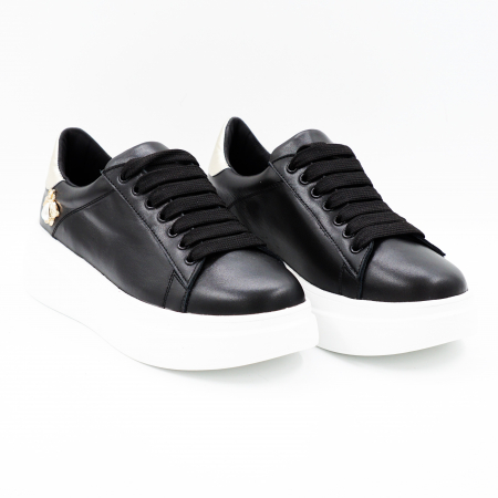 Pantofi dama tip adidas din piele naturala neagra si aurie cu varf rotund si talpa inalta de 5 cm 62821-2-24 [3]