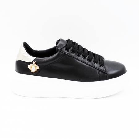 Pantofi casual & sport dama - Pantofi dama tip adidas din piele naturala neagra si aurie cu varf rotund si talpa inalta de 5 cm 62821-2-24