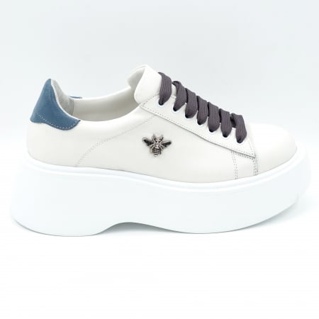 Pantofi dama - Pantofi dama tip adidas din piele naturala alba si albastru deschis belu sidefat cu varf rotund si talpa inalta 6 cmt 62921-24